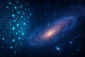A digital artwork blending artificial intelligence and space exploration, featuring a glowing neural network of blue and turquoise nodes connected by luminous lines, seamlessly merging into a star-filled galaxy backdrop with swirling nebulae and a prominent spiral galaxy.