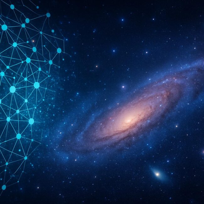 A digital artwork blending artificial intelligence and space exploration, featuring a glowing neural network of blue and turquoise nodes connected by luminous lines, seamlessly merging into a star-filled galaxy backdrop with swirling nebulae and a prominent spiral galaxy.