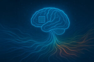 A glowing digital illustration of a human brain illuminated with vibrant blue, teal, and orange neural pathways, set against a dark, cosmic-inspired background. A small, futuristic microchip is embedded on the side of the brain, symbolizing brain-computer interface technology.