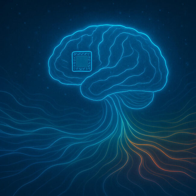 A glowing digital illustration of a human brain illuminated with vibrant blue, teal, and orange neural pathways, set against a dark, cosmic-inspired background. A small, futuristic microchip is embedded on the side of the brain, symbolizing brain-computer interface technology.