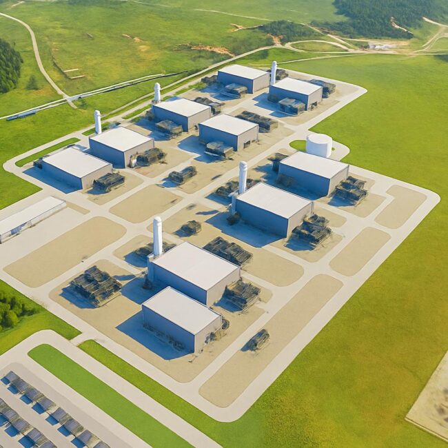 A bright aerial rendering of a modern industrial data center campus surrounded by green fields and forested areas. The facility includes multiple white-roofed buildings with cooling units and smokestacks, organized in a grid layout connected by wide access roads. The scene represents a repurposed energy site adapted for AI-driven infrastructure.