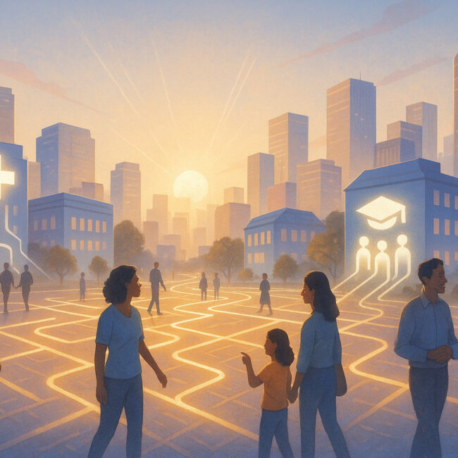 Futuristic city at sunrise with glowing AI technology connecting hospital, school, and community center. Diverse people interacting, symbolizing artificial intelligence in healthcare, education, and community impact.